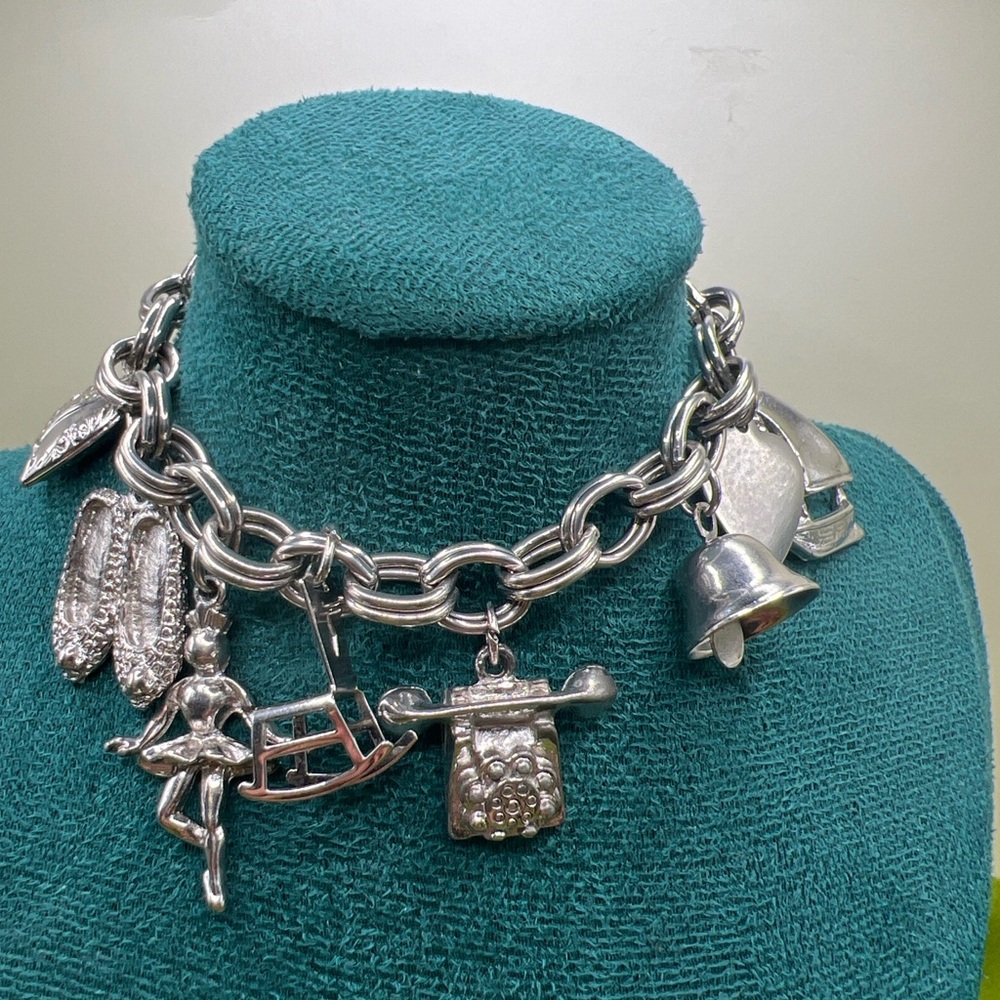 Vintage Coro Charm Bracelet Silver Tone Estate Novelty Chair Bell Heart
